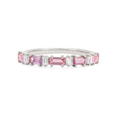 We fused modern baguette cuts to create this 14K gold precious stacking ring. Baguette-cut pink sapphires (0.71 ct) are set closely together with baguette-style white diamonds (0.12 ct), allowing maximum visibility for each sapphire and diamond. Pink Baguette Diamond Rings For Anniversary, Pink Baguette Diamond Rings For Gift, Elegant Pink Baguette Cut Ring, Pink Sapphire Baguette Ring, Pink Baguette Cut Fine Jewelry Ring, Fine Jewelry Pink Baguette Cut, Pink Sapphire Jewelry, Baguette Wedding Band, Rose Gold Pink