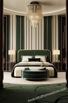 an elegant bedroom with green and white striped walls, round bed, chandelier and circular coffee table