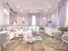 a bedroom with pink walls and furniture in the room is decorated in pastel colors