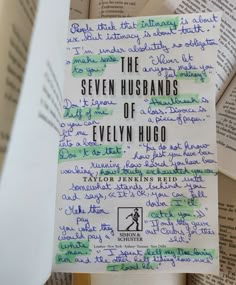 the seven husbands of evelyn hubo written in green ink on top of an open book