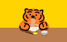 a cartoon tiger eating out of a bowl with chopsticks on the table next to it