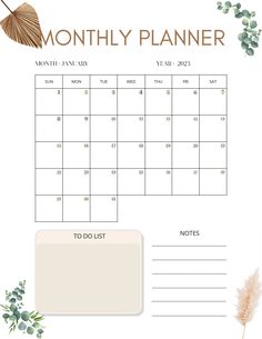 the printable month planner is shown with leaves on it