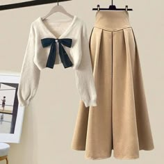 size: 3XL, Color: M360 Khaki Skirt Skirt Set Two Piece, Mid Skirt, Bow Sweater, Khaki Skirt, Half Skirt, Loose Outfit, Cozy Outfit, Summer Fabrics, Knit Set