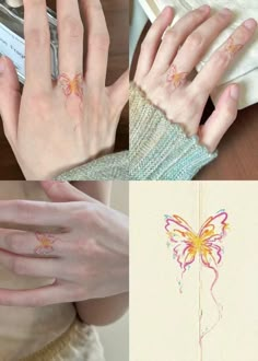 three different images show hands with tattoos on them, and one has a butterfly tattoo on it