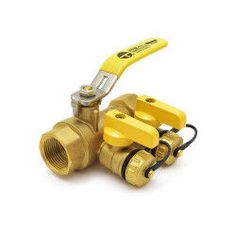 a brass ball valve with yellow handles