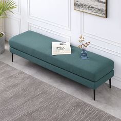 a blue bench sitting on top of a rug next to a potted plant in a living room