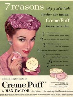 size: 12x9in Giclee Print: Max Factor, Creme Puff Foundation Powder Make-Up, UK, 1950 : Rockabilly Makeup 50s, Rockabilly Makeup, 1950s Makeup, 50s Makeup, Vintage Beauty Products, Creme Puff, Vintage Makeup Ads, Vintage Beauty Ads, Pin Up Makeup