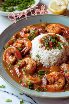 a white plate topped with rice and shrimp