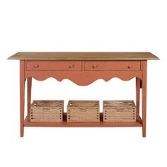 a wooden table with baskets under it and two drawers on one side, against a white background