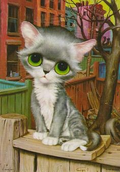 a painting of a cat with green eyes sitting on a wooden bench next to a tree