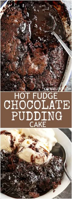 hot fudge chocolate pudding cake with ice cream on top and in the middle, it is