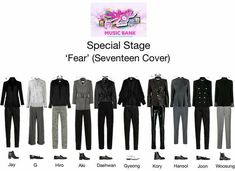 a group of men's clothing and shoes with the words special stage fear / seventeen cover