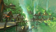 a digital painting of a village by the water