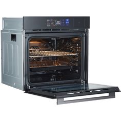 an oven with the door open and it's light on, in front of a white background