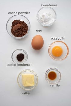 an image of ingredients to make chocolate cake on white table top with words describing the ingredients