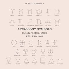 astrology symbols and their meanings in black, white, gold or red ink on a beige background