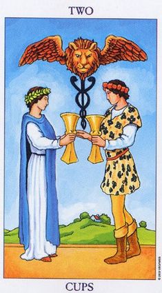 the tarot card shows two men holding cups