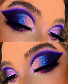 Purple Themed Makeup Looks, Bold Purple Eye Makeup, Blue And Purple Smokey Eye, Purple Halo Eyeshadow, Purple Graphic Eye Makeup, Purple Punch, Artsy Makeup, Cut Crease Makeup, Makeup Challenges