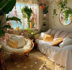 At its heart, the bohemian style is a merry mish mash of vibrant patterns, so mix, match and ultimately clash colours to your heart’s content. If you’re worried about spending big on items that don’t Soul Nourishment, Witchy Space, Ghibli Room, Cottagecore Bedroom, Lots Of Plants, Dekorasi Kamar Tidur, Dreamy Room