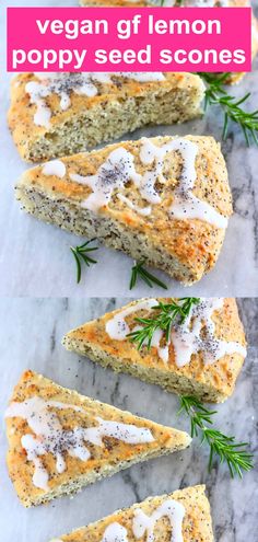 vegan lemon poppy seed scones on a marble surface with rosemary sprigs