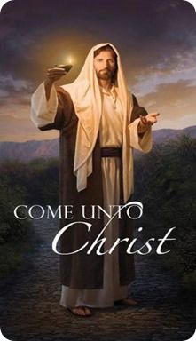 the cover of come unto to christ, with jesus holding an object in his hand