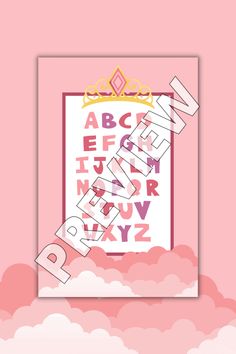 a pink and white poster with the letter e on it's side, surrounded by clouds