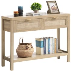 a table with books and a basket on it