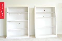 two white bookshelves sitting next to each other in a room with carpeted flooring