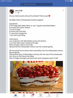 an image of a cake with cherries in it and the recipe on the screen