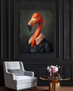 a painting of a pink flamingo in a black room with a chair and side table