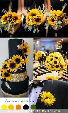 sunflowers are arranged on top of a black wedding cake