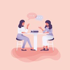 two women sitting at a table talking to each other with speech bubbles above their heads