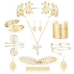 PRICES MAY VARY. 【GREEK GODDESS ACCESSORIES JEWELRY SET】:A Total Of 9 Ancient Greek Goddess Roman Style Hair Accessories, Including 1 Gold Leaf Crown, 1 Gold Leaf Hairbrush, 4 Different Styles Of Upper Arm Cuffs, 2 Pairs Of Different Pendant Pearl Earrings And 1 Exquisite Necklace, A Beautiful Goddess Clothing Accessories That Emphasize Your Temperament And Elegance And Make You Feel Like A Real Greek/Roman Queen Or Princess. 【GREEK STYLE DESIGN】:These Greek Goddess Accessories In Golden Bay Lea Goddess Jewelry Greek, Roman Goddess Costume Diy, Diy Athena Costume Goddesses, Gaia Goddess Costume, Greek Goddess Accessories, Goddess Costume Accessories, Athena Outfit, Greek Goddess Jewelry, Roman Accessories