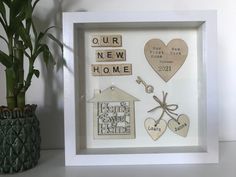 a white frame with some words and hearts on it next to a potted plant