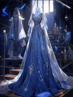 Blue Fantasy Gown, Fantasy Dress Blue, Ravenclaw Yule Ball Gowns, Blue Fantasy Dress, Blue Wedding Gowns, Ocean Dress, Elven Dress, Elegant Style Women, Fashion Design Books