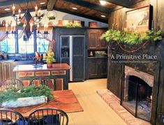 the kitchen is decorated in rustic style with wood accents and an old fashioned fireplace mantel