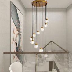 a modern chandelier hanging from the ceiling in a room with white walls and marble flooring