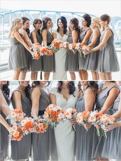 the bridesmaids are holding their bouquets and posing for pictures in grey dresses