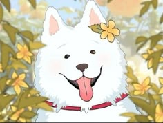 a white dog with a flower on its head and tongue hanging out to the side