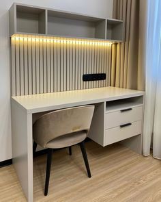 a white desk with two drawers and a chair in front of it, next to a window