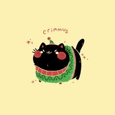 a black cat with red eyes is wearing a green scarf and has the words crimus written on it