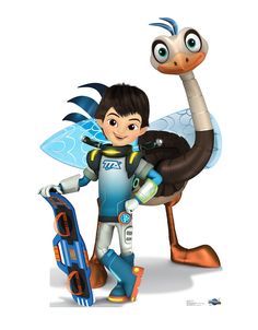 a boy in a space suit standing next to an ostrich holding a skateboard