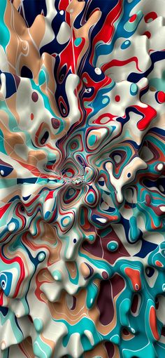 an abstract painting with many different colors and patterns on it's surface, including red, white, blue, and black