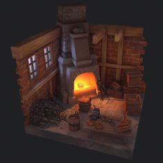 an animated image of a living room with a fire place in the fireplace and furniture on the floor