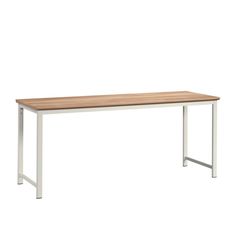 a wooden table with metal legs and a white frame on the top, against a white background