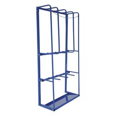 a blue metal rack with three shelves on each side and one shelf attached to it