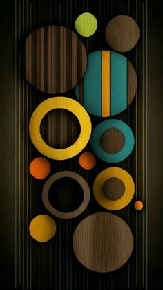 an abstract painting with circles and lines on the bottom, in shades of brown, blue, yellow and green