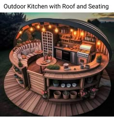 an outdoor kitchen with roof and seating is shown in the image, it appears to be made out of wood