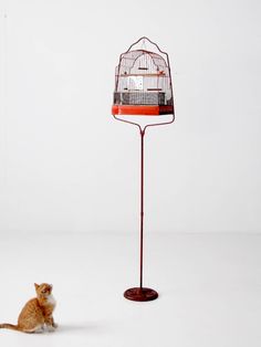 a cat sitting in front of a bird cage on a stand with a house inside