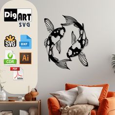 a living room with a couch, chair and wall sticker depicting two koi fish